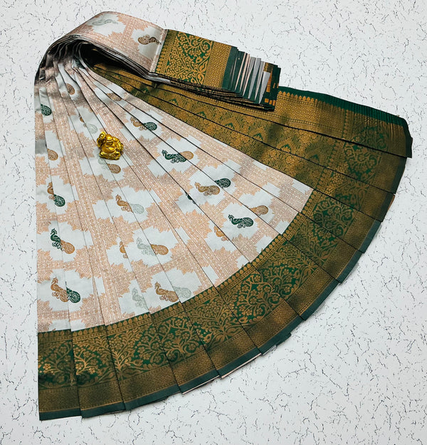 Kubera Bridal Silk Saree — White with Green Border & Zari Peacock Checks