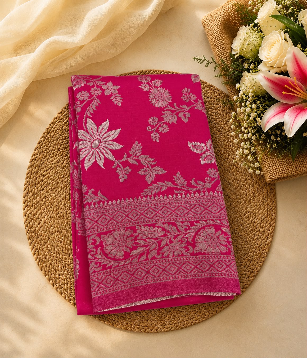 Semi Soft Silk Saree – Royal Majenta with Silver Floral Border | Elegant Festive Wear | Sri Nandhini Tex | SNTAOS28