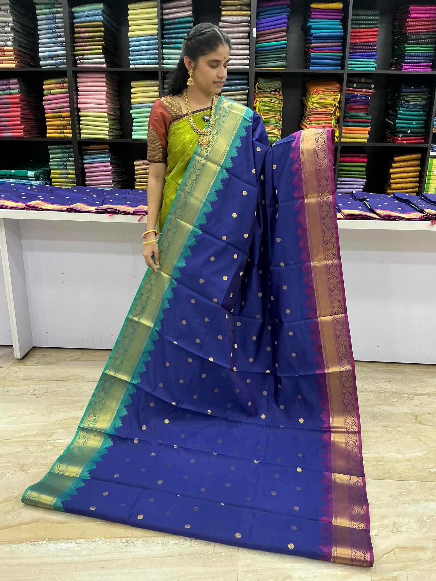 Premium Kanchi Soft Silk Saree – Indigo Blue with Copper Gold Zari Border | Festive Silk Saree | Sri Nandhini Tex | SNTPSN01