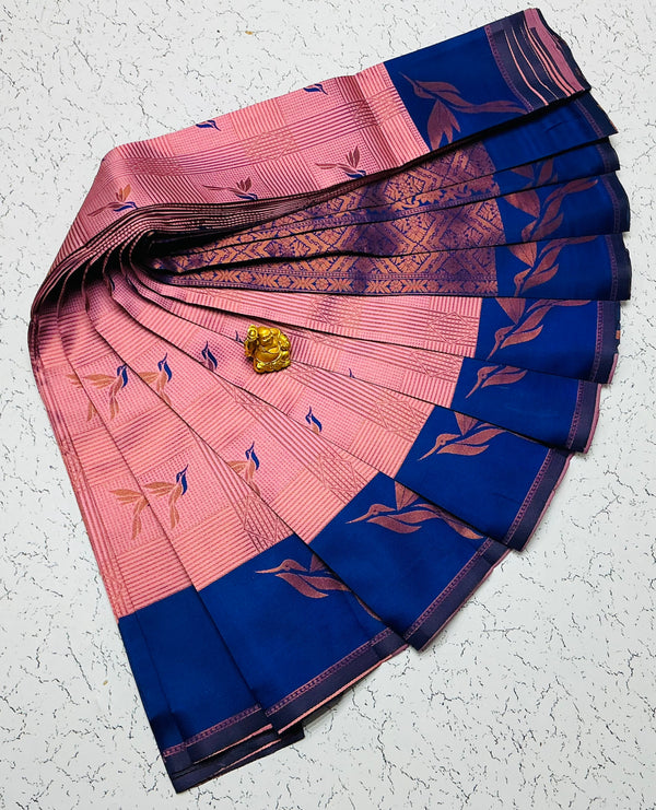Kubera Bridal Silk Saree — Pink Checks & Royal Blue with Bird Motifs