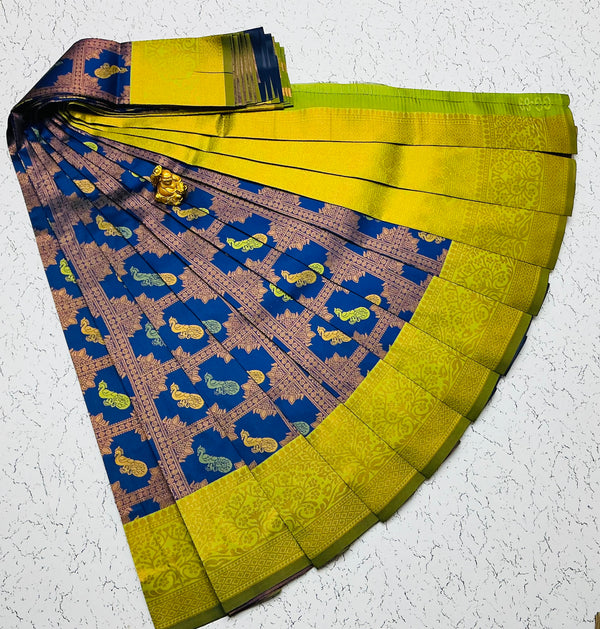 Kubera Bridal Silk Saree — Navy Blue & Yellow with Peacock Checks