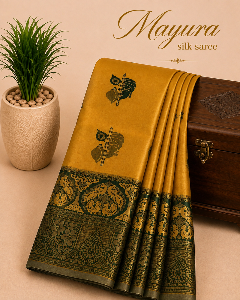 Mayura Silk Saree | Elegant Festive Wear Soft Finish | Mustard Yellow & Bottle Green | Sri Nandhini Tex | MYS007