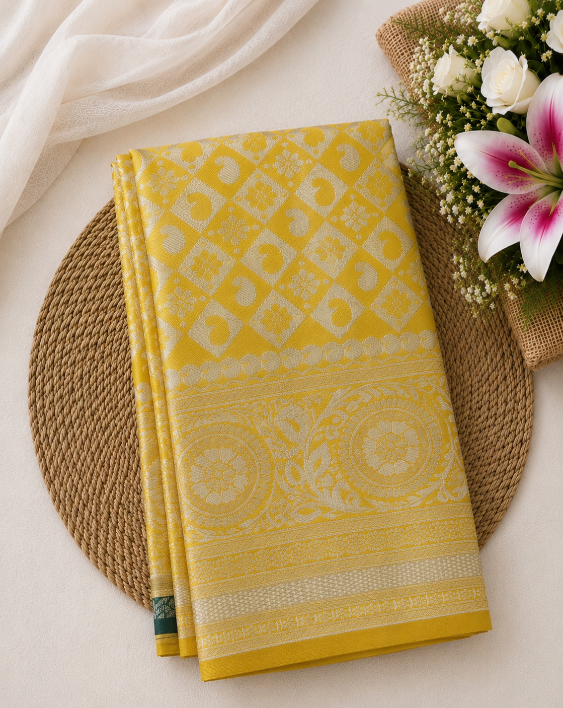Semi Soft Silk Offer Saree | Sunshine Yellow | Elegant Silver Zari Weave | Sri Nandhini Tex | Code: SNTAOS21