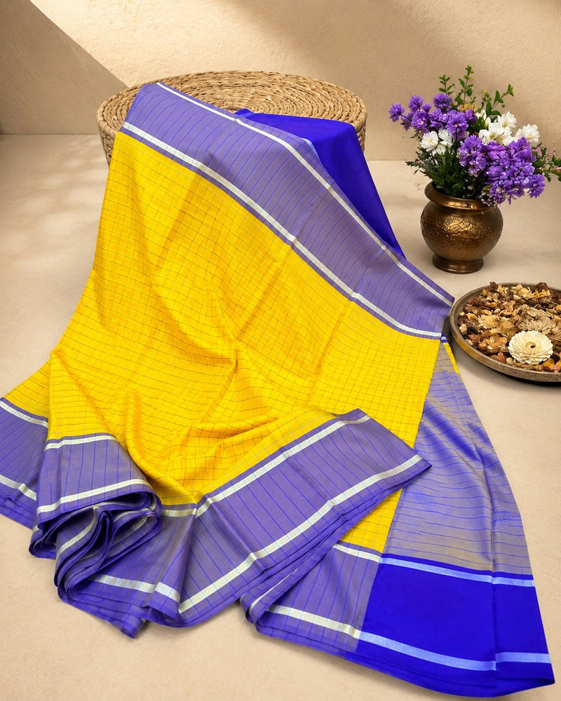 Premium Banaras Soft Silk Saree – Golden Yellow with Royal Blue Contrast Border | Festive Silk Saree | Sri Nandhini Tex | SNTBYS01
