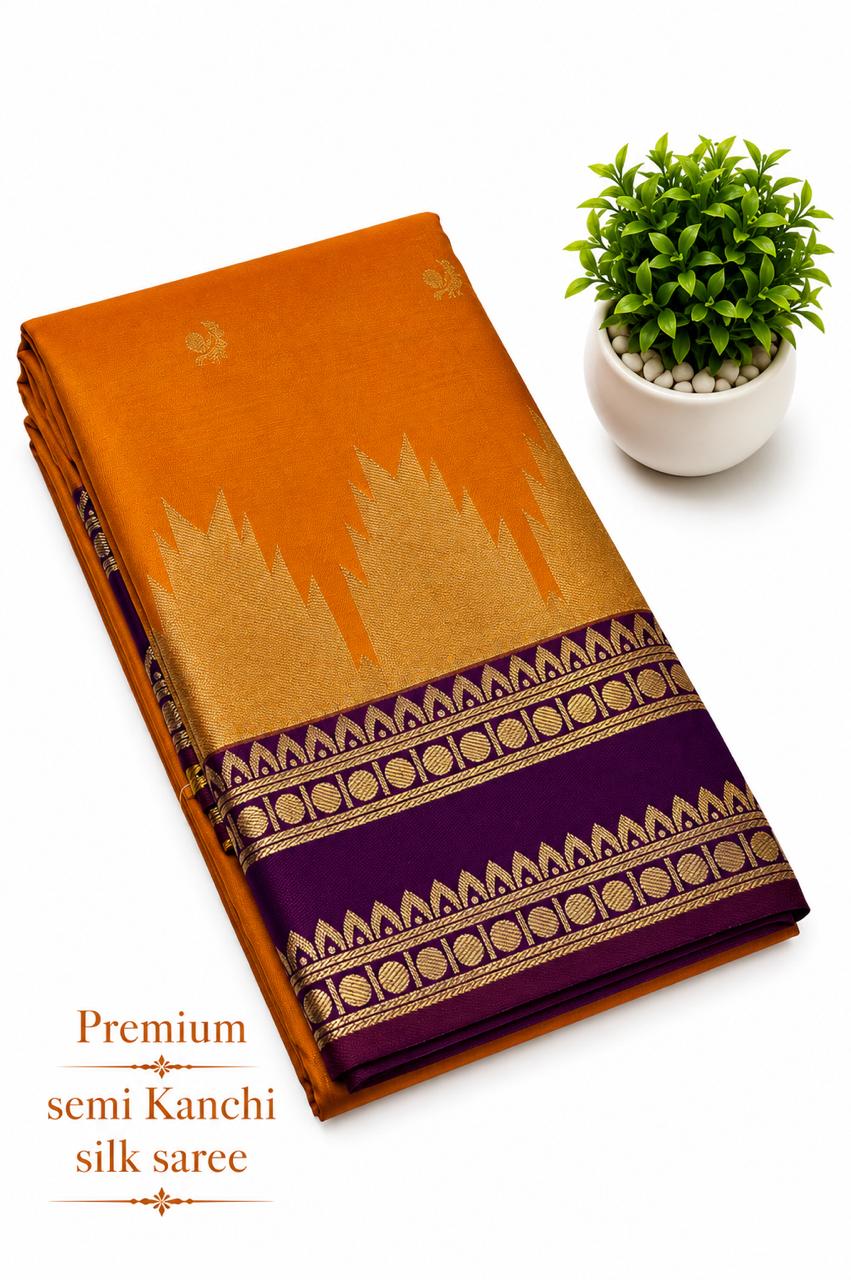 Premium Semi Kanchi Silk Saree | Orange & Royal Purple | Sri Nandhini Tex | Code: SNTSK03