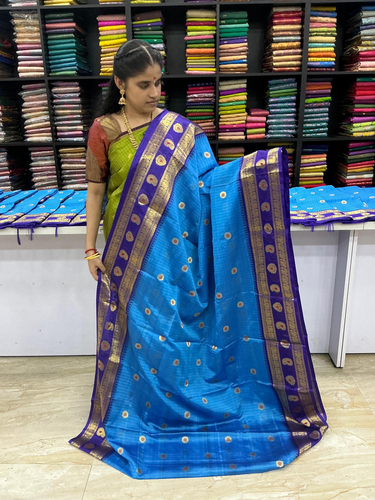 Premium Meena Soft Silk Saree – Sky Blue with Royal Blue Contrast Border | Festive Silk Collection | Sri Nandhini Tex | SNTMSS01