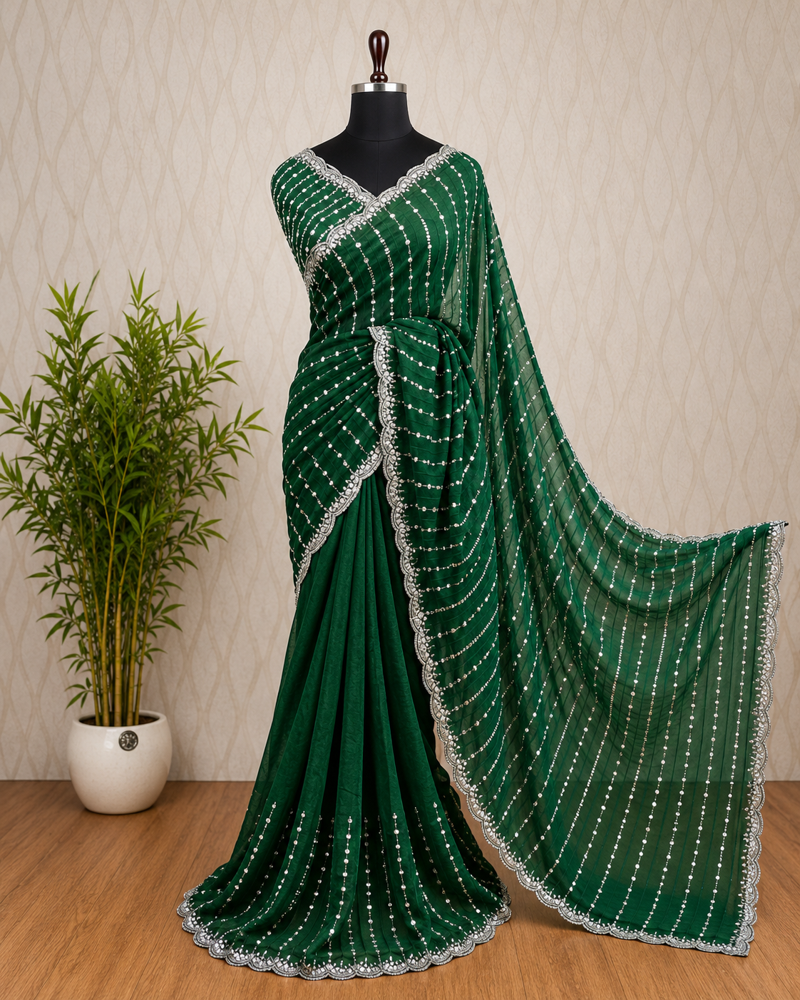 Premium Space Silk Designer Saree – Dark Green with Stone Work Border | Sri Nandhini Tex | SNTSS005