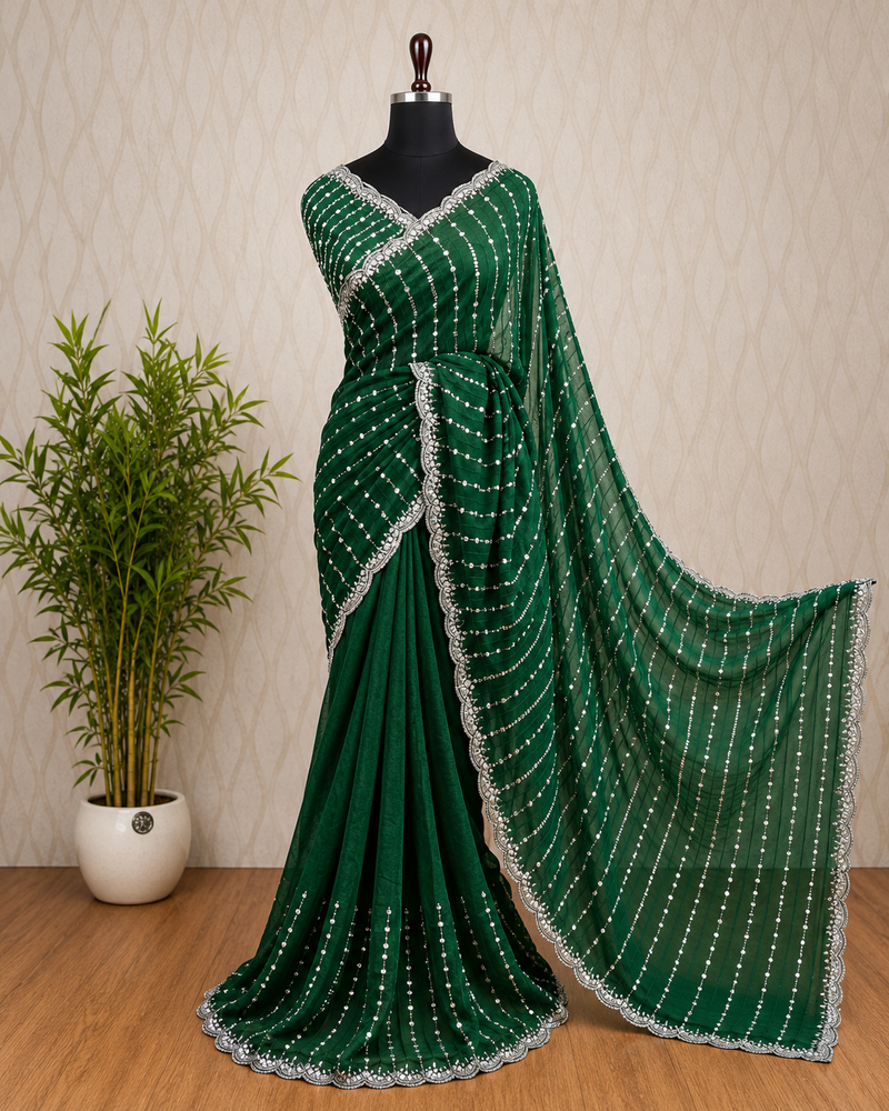 Premium Space Silk Designer Saree – Dark Green with Stone Work Border | Sri Nandhini Tex | SNTSS005