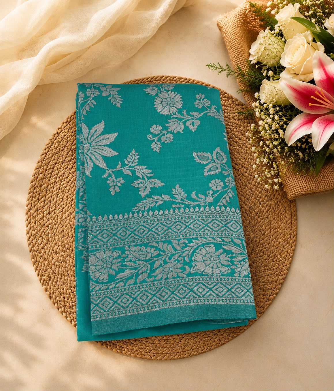 Semi Soft Silk Saree – Teal Blue with Silver Floral Weaving | Festive Elegance Saree | Sri Nandhini Tex | SNTAOS26