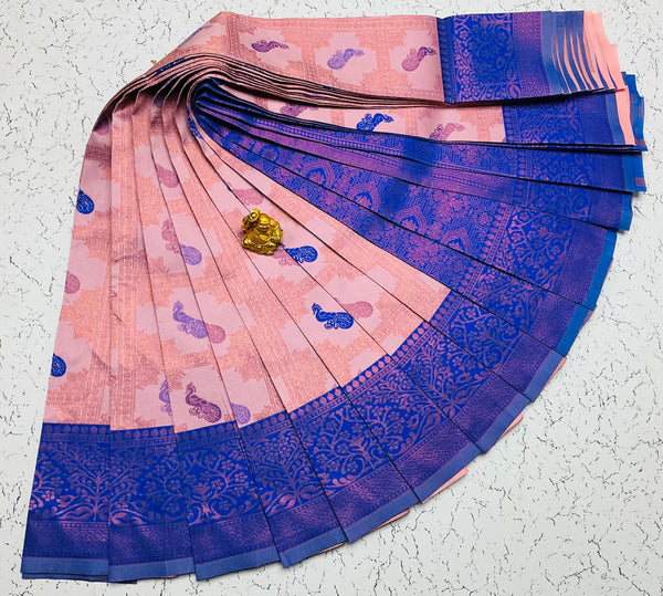 Kubera Bridal Silk Saree — Baby Pink & Royal Blue with Peacock Buttas