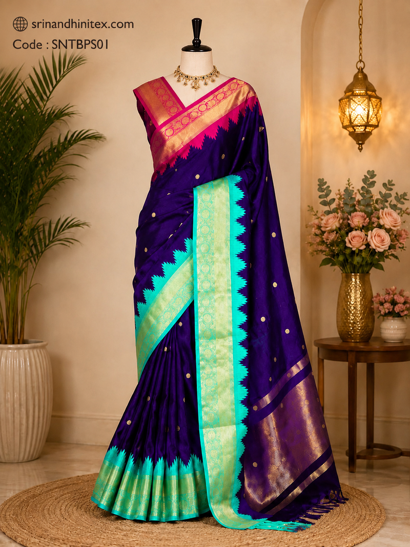 Premium Soft Silk Saree – Royal Purple with Aqua Green Contrast | Elegant Festive Wear | Sri Nandhini Tex | SNTBPS01