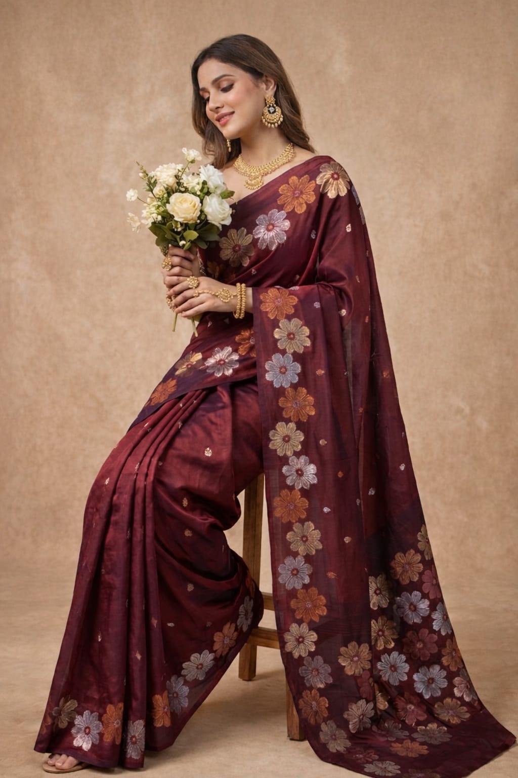 Semi Silk Saree | Maroon Blossom | Elegant Floral Weaving | Sri Nandhini Tex | Code: SNTFLS01
