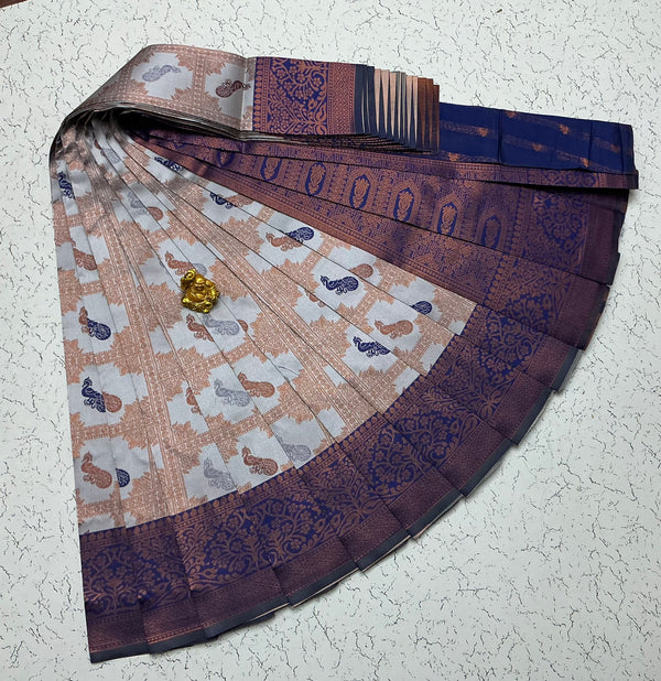 Kubera Bridal Silk Saree — Silver Grey & Violet with Peacock Checks