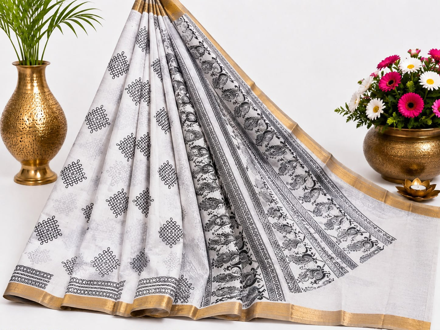 Onam Special | Kerala Kolam Printed Cotton Saree | White & Gold | Sri Nandhini Tex | Code: SNTONAM003