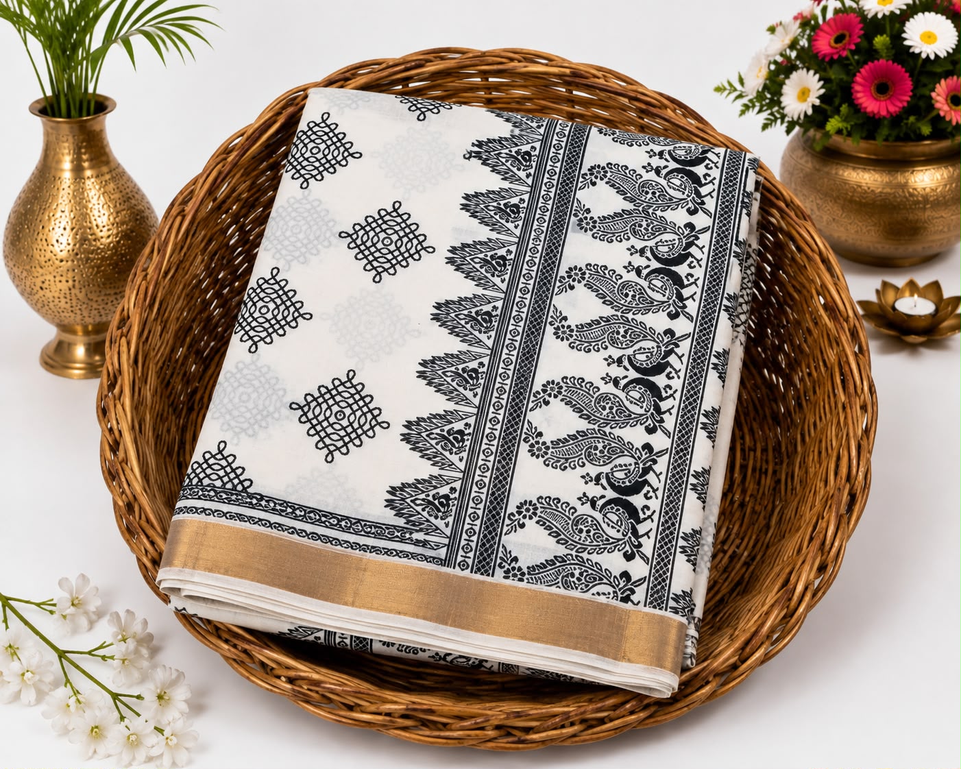 Onam Special | Kerala Kolam Printed Cotton Saree | White & Gold | Sri Nandhini Tex | Code: SNTONAM003