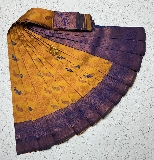 Kubera Bridal Silk Saree — Mustard Yellow & Violet with Zari Peacock Buttas