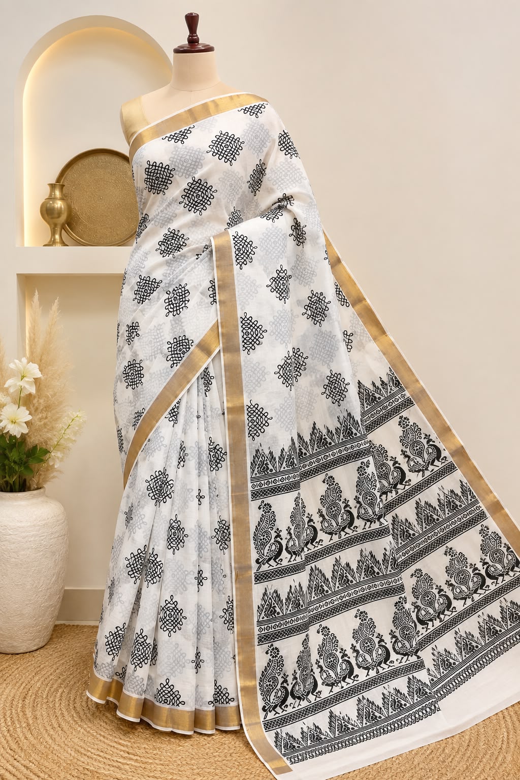 Onam Special | Kerala Kolam Printed Cotton Saree | White & Gold | Sri Nandhini Tex | Code: SNTONAM003