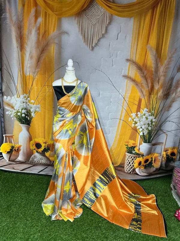 Dola Silk – Sunset Orange – Abstract Tie-Dye Pattern
(Orange base with yellow-grey splash design)