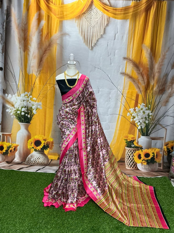 Dola Silk – Baby Pink – Golden Leaf with Striped Pallu
(Soft pink with leafy prints and golden lines on pallu)