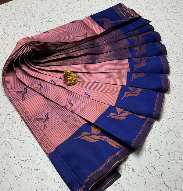 Kubera Bridal Silk Saree — Peach Pink Checks & Navy Blue with Bird Motifs