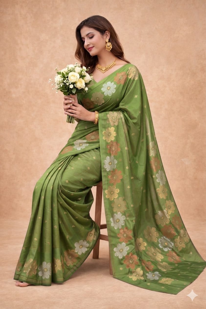 Semi Silk Saree | Pistachio Green | Elegant Floral Weaving | Sri Nandhini Tex | Code: SNTFLS02