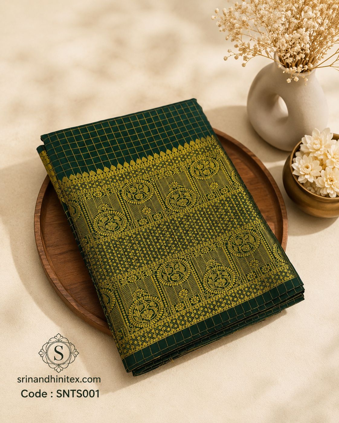 Premium Silk Saree – Dark Green with Gold Zari Temple Border | Traditional Banaras Silk Saree | Sri Nandhini Tex | SNTS001