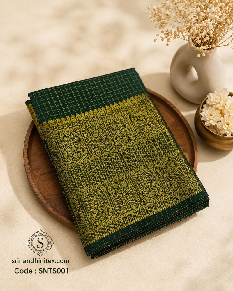 Premium Silk Saree – Dark Green with Gold Zari Temple Border | Traditional Banaras Silk Saree | Sri Nandhini Tex | SNTS001