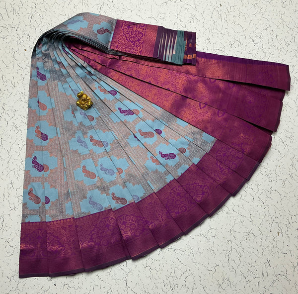 Kubera Bridal Silk Saree — Sky Blue & Violet with Peacock Motifs