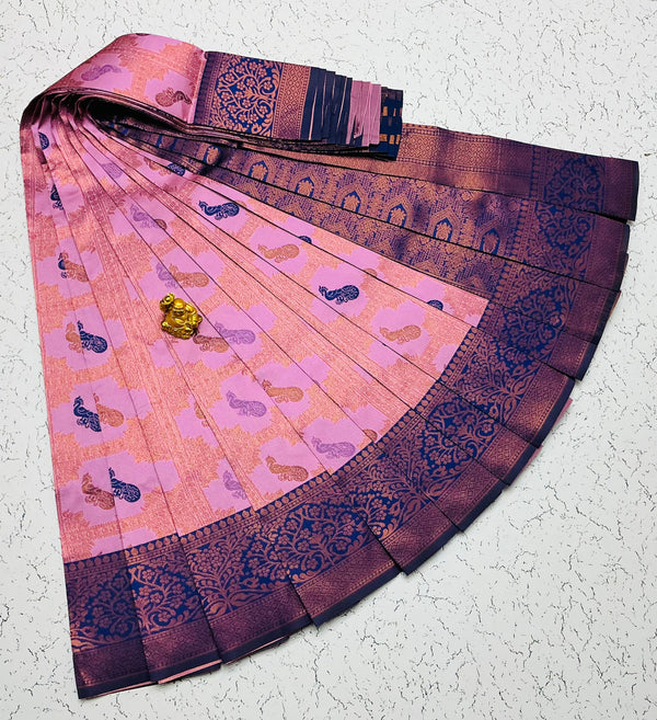 Kubera Bridal Silk Saree — Soft Pink with Deep Purple Border & Peacock Motifs