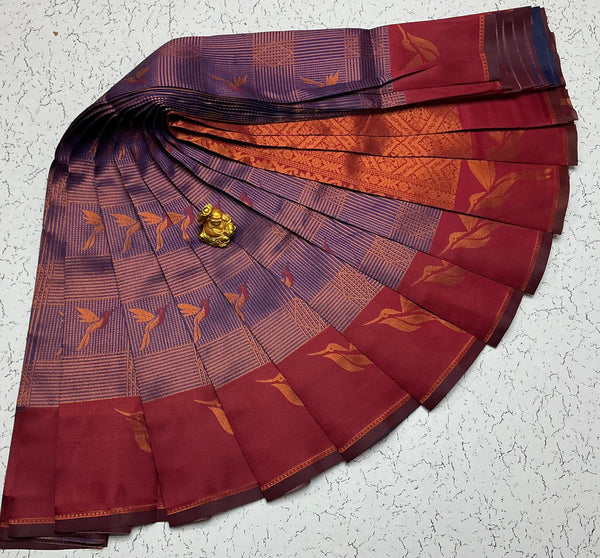 Kubera Bridal Silk Saree — Plum Violet & Maroon with Bird Motifs