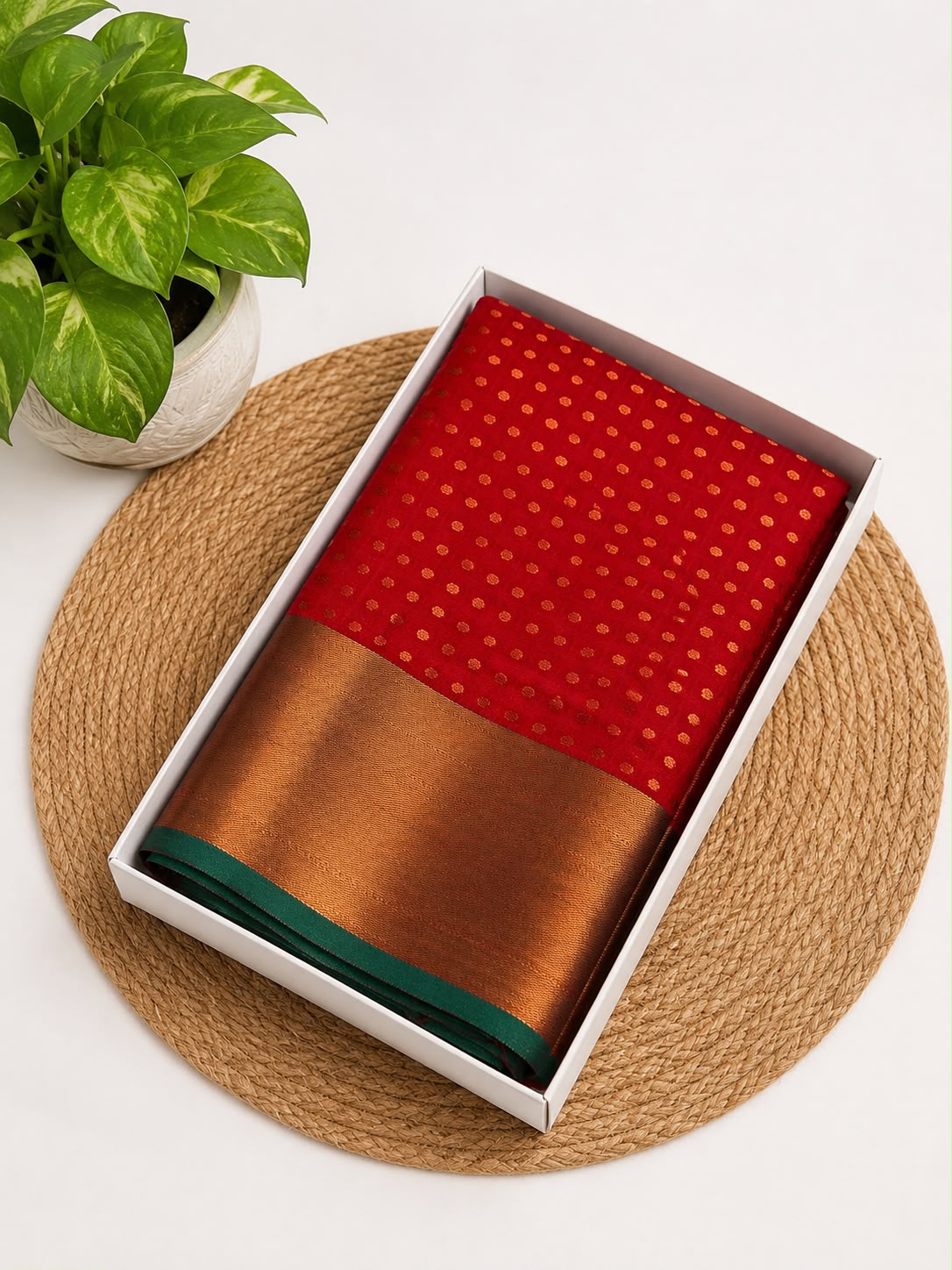 Premium Thousand Buttas Saree – Crimson Red with Copper Brown Contrast | Festive Elegance Saree | Sri Nandhini Tex | SNTB003