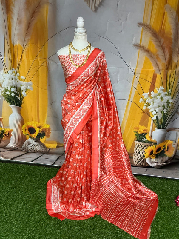 Dola Silk – Tomato Red – All-Over White Weave Pattern
(Classic red with delicate white woven buttas)