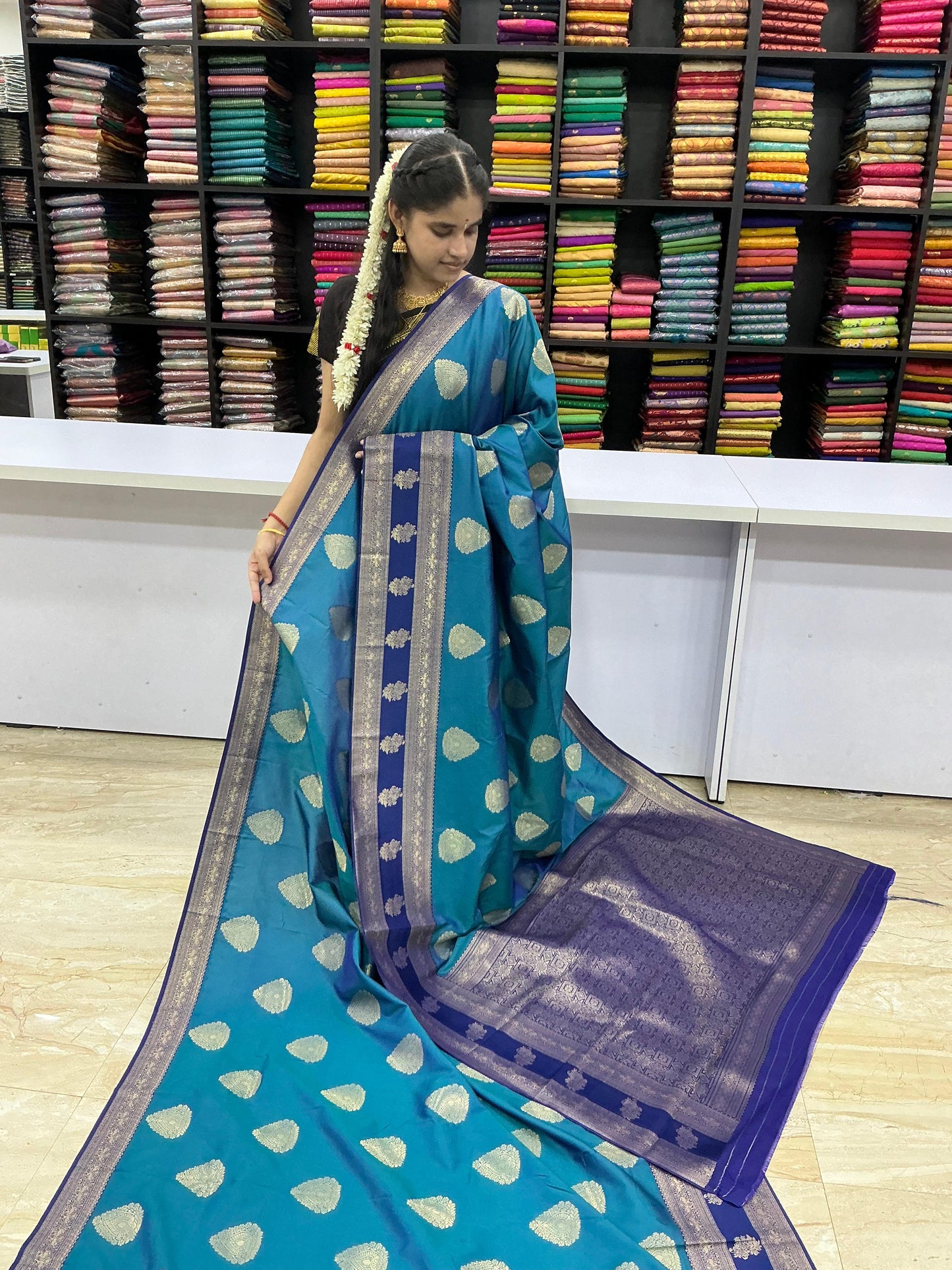 Premium Kanchi Silk Saree – Teal Blue with Navy Blue Zari Border | Traditional Wedding Silk Saree | Sri Nandhini Tex | SNTKS13