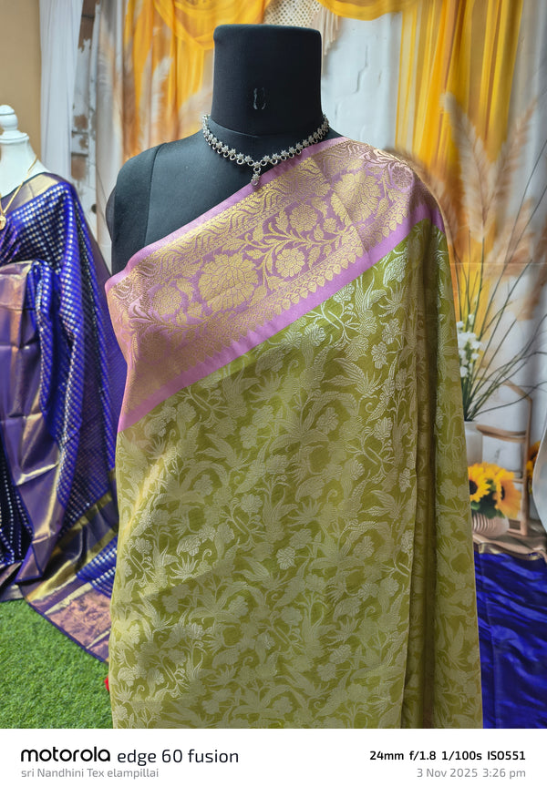 Tissue bridal saree - parrot green