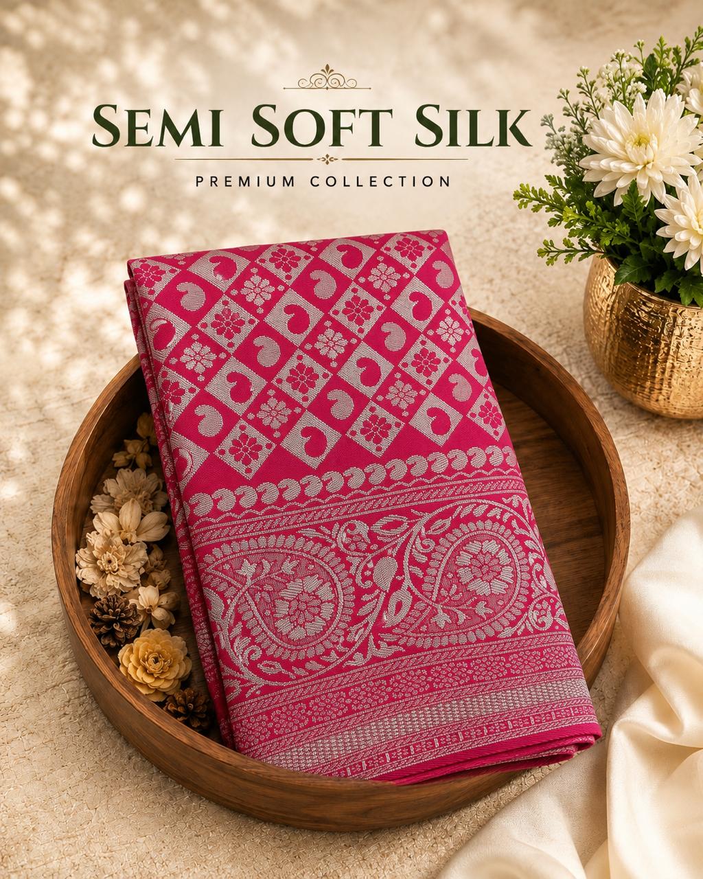 Trending Semi Soft Silk Saree – Fuchsia Pink with Silver Zari Border | Festive Silk Saree | Sri Nandhini Tex | SNTSSPK01