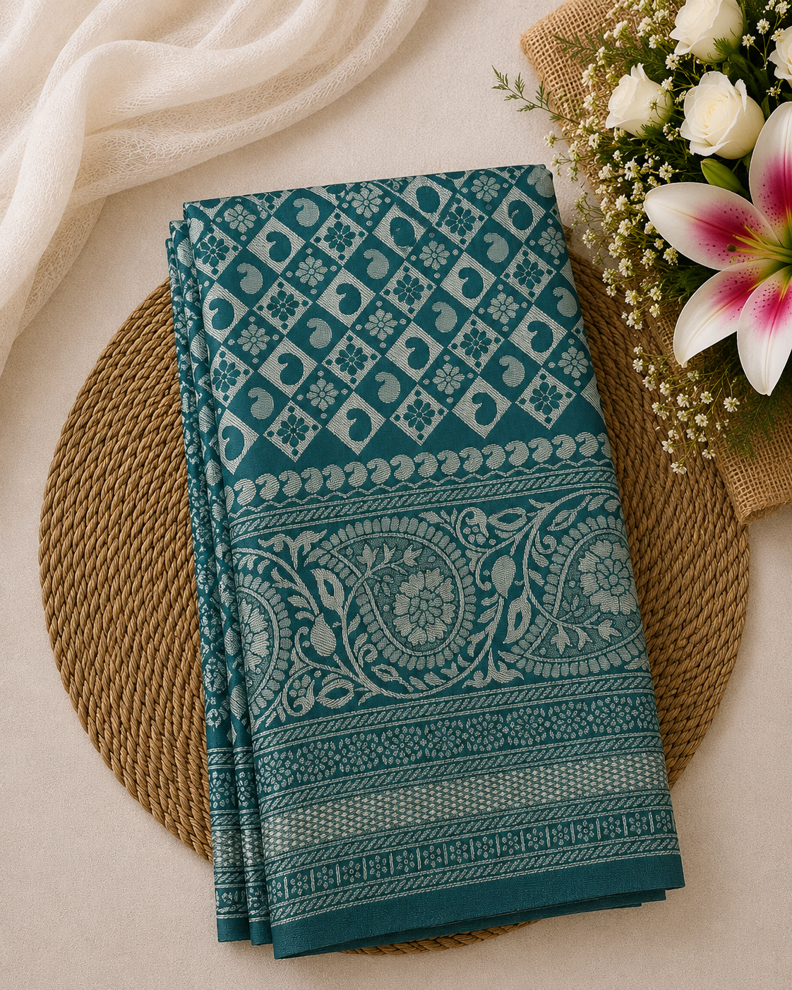 Semi Soft Silk Offer Saree | Peacock Teal | Elegant Silver Zari Weave | Sri Nandhini Tex | Code: SNTAOS24